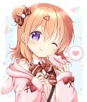  1girl ;t animal_ears animal_hood blush bow bowtie brown_bow brown_bowtie brown_hair closed_mouth collared_shirt commentary_request diagonal-striped_bow doughnut eating fake_animal_ears food gochuumon_wa_usagi_desu_ka? hair_between_eyes hair_bow hair_bun hair_ornament hairclip hands_up head_tilt heart heart_hair_ornament highres holding holding_food hood hood_down hooded_jacket hoto_cocoa jacket long_sleeves looking_at_viewer nanase_miori off_shoulder one_eye_closed open_clothes open_jacket orange_hair pink_jacket puffy_long_sleeves puffy_sleeves purple_eyes rabbit_ears rabbit_hair_ornament rabbit_hood red_bow shirt short_hair single_side_bun sleeves_past_wrists smile solo spoken_heart sweater upper_body white_shirt white_sweater 