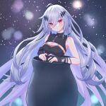  1girl absurdres black_dress black_gloves black_nails breasts closed_mouth diamond_hair_ornament dress fingerless_gloves gloves grey_hair hair_between_eyes highres isekai_tensei_shite_v_ni_narimashita jar kamishiro_nia long_hair medium_breasts red_eyes smile solo togemaru34 very_long_hair virtual_youtuber 