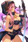  1girl asymmetrical_gloves bikini black_bikini black_gloves breasts bug butterfly cleavage draph fingerless_gloves gloves granblue_fantasy horns hungry_clicker katana looking_at_viewer narmaya_(granblue_fantasy) narmaya_(the_black_butterfly)_(granblue_fantasy) official_alternate_costume pointy_ears single_fingerless_glove solo swimsuit sword uneven_gloves weapon 