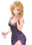  1girl absurdres armpit_crease b1ack_illust bare_arms bare_shoulders black_dress blonde_hair blush breasts cleavage closed_mouth cocktail_dress commentary_request cowboy_shot cup dress drink drinking_glass hand_up highres holding holding_cup idolmaster idolmaster_million_live! long_hair looking_at_viewer medium_breasts momose_rio pink_eyes side_slit simple_background sleeveless sleeveless_dress smile solo standing swept_bangs white_background 
