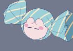  blush_stickers candy closed_eyes colored_skin commentary_request food grey_background harukui highres kirby kirby_(series) no_humans open_mouth pink_skin solo upside-down wrapper 