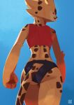  2023 absurd_res akino_(kemokin_mania) anthro bottomwear butt cheetah clothing felid feline female fur hi_res hotpants kemokin_mania low-angle_view mammal midriff shorts solo spots spotted_body spotted_fur walking yellow_body yellow_fur 