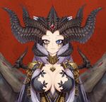  1girl blood blood_from_eyes blue_eyes breasts cluseller collarbone diablo_4 dress fang gem grey_hair heterochromia highres horns large_breasts long_hair looking_at_viewer red_background red_eyes solo upper_body virtual_youtuber wings 