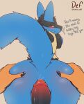  2023 anthro bent_over blue_body blue_fur butt butt_grab canid canine english_text fur generation_4_pokemon hand_on_butt hi_res hot_dogging imminent_sex looking_back lucario mammal nintendo nsfw_def pokemon pokemon_(species) simple_background smile solo_focus text unseen_male 