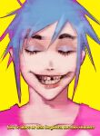  1boy absurdres blue_eyeshadow blue_hair collarbone commentary english_text eyelashes eyeshadow gorillaz grin highres makeup male_focus missing_tooth pink_shirt portrait shirt smile solo stuart_pot subtitled xyanaid yellow_background 