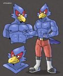  abs absurd_res anthro avian beak biceps bird black_eyes blue_body boots bottomwear clothing falco_lombardi falcon falconid footwear hi_res male mammal muscular muscular_anthro muscular_male nintendo nipples pants pecs pose solo star_fox tadaoardo yellow_beak 