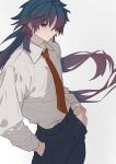  1boy absurdres black_hair blade_(honkai:_star_rail) closed_mouth dress_shirt earrings floating_hair hair_between_eyes hands_in_pockets highres honkai:_star_rail honkai_(series) jewelry long_hair looking_at_viewer male_focus red_eyes red_tie shirt simple_background single_earring solo tooda_88 very_long_hair white_background white_shirt 