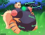  after_vore ainava anthro arcanine belly big_belly big_breasts breasts burping canid canine dialogue digestion digestion_noises digital_media_(artwork) english_text female female_pred fur generation_1_pokemon grass hand_on_stomach hi_res huge_belly huge_breasts hyper hyper_breasts mammal nintendo nipples nude onomatopoeia open_mouth oral_vore overweight plant pokemon pokemon_(species) rumbling_stomach sky solo sound_effects speech_bubble tail text thick_thighs tongue tree vore 