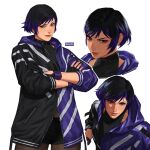  1girl belt_collar black_hair black_shorts breikka collar crossed_arms fingerless_gloves gloves hood hooded_jacket jacket multicolored_hair partially_unzipped purple_hair reina_(tekken) short_hair short_shorts shorts simple_background smile standing tekken tekken_8 two-tone_hair 