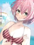  1girl blue_sky bob_cut breasts cloud cup disposable_cup double-parted_bangs drinking_straw eiyuu_densetsu green_eyes hair_between_eyes hajimari_no_kiseki holding holding_cup juna_crawford looking_at_viewer medium_breasts natsusechoco ocean outdoors pink_hair portrait sen_no_kiseki sky smile solo upper_body 