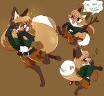  anthro averi_(fiddleafox) belt blush bottomwear brown_background brown_body brown_bottomwear brown_clothing brown_eyes brown_fur brown_shorts canid canine clothing dialogue dipstick_tail female fiddleafox fox fur green_clothing green_hood hi_res hood mammal markings shorts simple_background solo speech_bubble stick tail tail_markings 