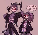  absurd_res anthro avian bird black_text clothing daughter_(lore) dialogue duo father_(lore) father_and_child_(lore) father_and_daughter_(lore) female fur goth grey_body grey_fur grey_hair hair hanekdraws helluva_boss hi_res jacket leather leather_clothing leather_jacket leather_topwear long_hair looking_up male octavia_(helluva_boss) owl owl_demon parent_(lore) parent_and_child_(lore) parent_and_daughter_(lore) pink_background ponytail punk red_eyes short_hair simple_background smile speech_bubble stolas_(helluva_boss) text tongue tongue_out topwear white_face 