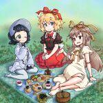  3girls barefoot black_eyes black_gloves black_hair black_shirt blinking blonde_hair blue_eyes blue_jacket blue_skirt blush bonnet bow breasts brown_eyes brown_hair bubble_skirt carbohydrate_(asta4282) commission cup doll_joints doll_nus dress flower food frilled_shirt_collar frills gloves grey_thighhighs hair_bow highres holding holding_cup jacket joints lily_of_the_valley little_doll_queen long_hair long_sleeves looking_at_viewer medicine_melancholy multiple_girls pokemon pokemon_(game) pokemon_sv poppy_(pokemon) puffy_short_sleeves puffy_sleeves shirt short_sleeves sitting skirt small_breasts talking thighhighs thighs touhou wariza white_dress white_thighhighs 