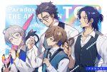  4boys absurdres ando_shiki black_hair blue_eyes blue_hair brown_hair copyright_name facing_to_the_side facing_viewer gennkai_para glasses grey_hair highres kanbayashi_yohei looking_at_another mole mole_under_mouth multicolored_hair multiple_boys natsume_ryu paradox_live purple_eyes purple_hair saimon_naoakira short_hair the_cat&#039;s_whiskers_(paradox_live) yellow_eyes 