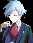  1boy black_background blue_eyes blue_hair closed_mouth collared_shirt commentary_request frown haisato_(ddclown14) hand_up jacket long_sleeves male_focus necktie pokemon pokemon_(game) pokemon_oras red_necktie shirt short_hair signature solo split_mouth steven_stone upper_body vest white_shirt 