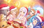  5girls @_@ asari_nanami blue_coat blue_hair blush brown_eyes cake christmas_tree closed_eyes coat cosplay eve_santaclaus fish food grey_hair hat hime_cut ichihara_nina idolmaster idolmaster_cinderella_girls kigurumi koga_koharu lace long_hair multiple_girls narumiya_yume nose_bubble official_art open_mouth orange_hair plate reindeer santa_hat snow snowman sweater white_hair yellow_eyes 