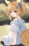  1girl absurdres animal_ear_fluff animal_ears arknights arm_support bare_shoulders binware blonde_hair blue_flower blurry blurry_background closed_mouth commentary_request depth_of_field dress flower fox_ears fox_girl fox_tail from_behind hair_flower hair_intakes hair_ornament hairclip highres looking_at_viewer looking_back purple_flower sitting smile solo suzuran_(arknights) tail twintails white_dress yellow_eyes 