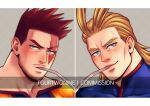  2boys all_might artist_name beard blonde_hair blue_eyes blush boku_no_hero_academia burn_scar commission drinking_straw drinking_straw_in_mouth endeavor_(boku_no_hero_academia) english_text facial_hair fourtwonine429 hair_slicked_back looking_at_viewer medium_hair multiple_boys mustache portrait red_hair scar scar_across_eye short_hair smile spiked_hair v-shaped_eyebrows 