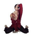  1boy absurdres chain_necklace chest_tattoo eyepatch hand_in_own_hair highres hongjiupingzi jewelry kneeling majima_gorou male_focus necklace open_clothes red_shirt ryuu_ga_gotoku_(series) shirt tattoo tongue tongue_out 