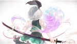  1girl black_ribbon cherry_blossoms cowboy_shot flower from_behind green_skirt green_vest hair_ribbon hand_up highres holding holding_sword holding_weapon katana konpaku_youmu konpaku_youmu_(ghost) o_(crazyoton46) petals ribbon shirt short_hair short_sleeves skirt solo sword tassel touhou vest vignetting weapon white_background white_hair white_shirt 