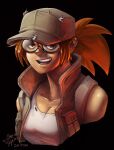  1girl bare_shoulders baseball_cap breasts brown_eyes brown_hair cleavage fio_germi glasses hat looking_at_viewer metal_slug open_mouth ponytail pouch round_eyewear solo teeth tongue torn_clothes torn_hat upper_body vest vest_pouch za1f0n 