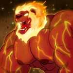  abs anthro beard biceps big_muscles big_pecs facial_hair felid feline felis fire flaming_hair flaming_mane fur glowing glowing_body glowing_eyes glowing_fur glowing_mane glowing_veins hair hi_res lion male mammal muscular muscular_anthro muscular_male nipples nude open_mouth pantherine pecs pseudo_hair pseudo_mane red_body red_fur solo teeth vein yourpaltygar 