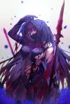  1girl black_mask bodysuit breasts covered_mouth fate/grand_order fate_(series) flower gae_bolg_(fate) hair_between_eyes hair_intakes hibiscus highres hiro_(hirohiro_gorira) holding large_breasts long_hair looking_at_viewer mask mouth_mask polearm purple_bodysuit purple_hair red_eyes scathach_(fate) solo spear thighs torn_bodysuit torn_clothes very_long_hair weapon 