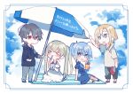  &gt;_&lt; 2boys 2girls abel_(shiro_seijo_to_kuro_bokushi) bare_shoulders beach_umbrella bendy_straw black_footwear black_hair black_hoodie black_pants blanket blonde_hair blue_dress blue_eyes blue_footwear blue_hair blue_sky brown_hair cecilia_(shiro_seijo_to_kuro_bokushi) closed_eyes closed_mouth cloud cloudy_sky cup day disposable_cup drawstring dress drinking_straw earrings food gradient_hair grey_pants haiselita_aldridge hand_fan holding holding_cup holding_fan holding_spoon hood hood_down hoodie jewelry kazutake_hazano lawrence_(shiro_seijo_to_kuro_bokushi) multicolored_hair multiple_boys multiple_girls off-shoulder_dress off_shoulder outdoors pants paper_fan red_eyes shaved_ice shiro_seijo_to_kuro_bokushi shirt shoes short_sleeves sky spoon translation_request uchiwa umbrella white_dress white_shirt 