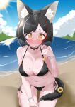  1girl animal_ear_fluff animal_ears beach bikini black_bikini black_choker black_hair breasts choker embarrassed highres hololive hololive_gamers kani_bonara looking_at_viewer medium_hair multicolored_hair navel ookami_mio red_hair side-tie_bikini_bottom sitting swimsuit tail tail_around_own_leg virtual_youtuber wet wolf_ears wolf_girl wolf_tail yellow_eyes 