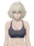  1girl absurdres ahoge black_sports_bra breasts carlo_montie cleavage eyes_visible_through_hair fate/grand_order fate_(series) grey_hair highres jeanne_d&#039;arc_alter_(fate) large_breasts medium_hair navel solo sports_bra sweat upper_body yellow_eyes 