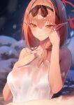  1girl absurdres bare_shoulders bathing blue_archive blush breasts chinatsu_(blue_archive) collarbone hairband halo highres large_breasts light_brown_hair long_hair looking_at_viewer onsen pointy_ears rororo smile solo towel variant_set wet yellow_eyes 