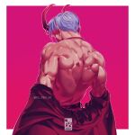  1boy artist_logo back bara border character_request copyright_request cowboy_shot demon_horns highres horns jezz_mons_art light_purple_hair male_focus muscular muscular_male pink_background short_hair solo twitter_username undressing white_border 