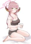  1girl aru_(blue_archive) bare_legs barefoot black_shorts black_sports_bra blue_archive blush breasts cleavage collarbone cup demon_horns dolphin_shorts glasses hagyouayumu halo highres holding holding_cup horns looking_at_viewer medium_breasts navel pink_hair ponytail round_eyewear short_shorts shorts simple_background sitting solo sports_bra strap_slip toes wariza white_background yellow_eyes 