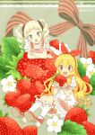  2girls :d aikatsu! aikatsu!_(series) apron blonde_hair blunt_bangs blush bow commentary_request crossed_arms dress drill_hair fang flower food frilled_dress frills fruit green_eyes hair_between_eyes hair_bow hair_ribbon holding holding_food hoshimiya_ichigo leaf long_hair looking_at_another mea010 multiple_girls open_mouth puffy_short_sleeves puffy_sleeves red_eyes ribbon short_sleeves sitting smile strawberry teeth toudou_yurika twin_drills twintails twitter_username upper_teeth_only waist_apron white_flower wrist_cuffs 