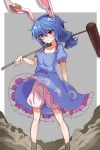  1girl animal_ears bloomers blue_dress blue_hair closed_mouth crescent_print dress earclip hair_between_eyes highres holding holding_mallet kine light_blush mallet mifutatsu ponytail rabbit_ears rabbit_girl red_eyes seiran_(touhou) solo star_(symbol) star_print touhou underwear white_bloomers 