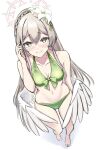  1girl adjusting_hair angel_wings armpit_crease bare_arms bare_legs bare_shoulders barefoot bikini blonde_hair blue_archive blush braid closed_mouth collarbone danbora feathered_wings flower from_above front-tie_bikini_top front-tie_top full_body green_bikini hair_between_eyes hair_flower hair_ornament halo highres long_hair looking_at_viewer nagisa_(blue_archive) sidelocks smile solo standing swimsuit thigh_gap toes very_long_hair white_wings wings yellow_eyes 
