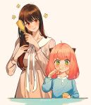  2girls ahoge anya_(spy_x_family) blue_shirt blush brown_hair brushing_hair brushing_teeth closed_mouth commentary cone_hair_bun cup dress flower green_eyes hair_brush hair_bun highres holding holding_brush holding_cup holding_toothbrush long_hair long_sleeves looking_at_viewer medium_hair mother_and_daughter multiple_girls pink_dress pink_hair red_eyes shirt shupink simple_background smile spy_x_family symbol-only_commentary toothbrush toothbrush_in_mouth twitter_username white_background yellow_flower yor_briar 