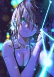  1girl absurdres android bare_shoulders blue_eyes breasts breasts_squeezed_together brown_hair constellation dutch_angle earrings foreshortening glowing hair_over_one_eye highres jewelry light_smile long_hair looking_at_viewer lying medium_breasts nemoto_yuuma on_side original outstretched_arm planet_earrings rain reaching reaching_towards_viewer shoulder_tattoo solo tattoo water wet 