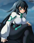  1girl absurdres artist_name belt black_belt black_bodysuit black_hair blakc_bodysuit blush bodysuit breasts cloud crossed_legs green_eyes gundam gundam_build_divers gundam_build_divers_re:rise hair_between_eyes hammerofsolace highres long_hair long_sleeves may_(gundam_build_divers_re:rise) medium_breasts open_mouth shrug_(clothing) sitting sky sleeves_past_wrists solo very_long_hair 