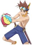  1boy ball beachball brown_eyes brown_hair english_commentary fingernails highres lloyd_irving lloyd_irving_(beach_boy) male_focus male_swimwear navel official_art swim_trunks tales_of_(series) tales_of_asteria tales_of_symphonia topless_male transparent_background 