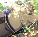  anthro asian_clothing belly canid canine canis clothing domestic_dog east_asian_clothing eyebrows fundoshi hi_res japanese_clothing lifewonders lying male mammal moobs moritaka navel nipples okentya on_back overweight partially_submerged scar solo thick_eyebrows tokyo_afterschool_summoners underwear water 