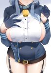  1girl ako_(blue_archive) areola_slip arind_yudha bell blue_archive blue_hair blush breasts center_opening cowbell gloves highres large_breasts long_sleeves looking_at_viewer solo thighs 