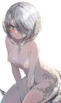 1girl au_ra bikini bikini_top_only blue_eyes blush bob_cut bottomless breasts closed_mouth covered_nipples dragon_horns final_fantasy final_fantasy_xiv grey_hair hair_over_one_eye highres horns looking_at_viewer maho_moco nipples one_breast_out simple_background small_breasts solo swimsuit tail tears v_arms white_background 