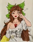  1girl ;o bow brown_hair clothes_writing collarbone commentary english_commentary green_bow hair_bow highres long_hair looking_at_viewer one_eye_closed open_mouth red_eyes reiuji_utsuho reiuji_utsuho_(occasionally_non-operational_underworld_sun) shirt single_bare_shoulder sleepy solo sussymyon third_eye third_eye_on_chest touhou touhou_lost_word twitter_username upper_body 