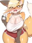  2023 3:4 4_fingers absurd_res alcohol anthro beer beverage beverage_can big_breasts blonde_hair blush blush_lines bodily_fluids bottomwear breasts brown_body brown_fur canid canine claws cleavage clothed clothing cute_fangs digital_media_(artwork) dipstick_tail eye_through_hair female female_anthro finger_claws fingers fox fox&#039;s_sister_(kinokoningen) fur hair hi_res holding_object hotpants kemono kinokoningen mammal markings multicolored_body multicolored_fur open_mouth orange_body orange_fur shirt shorts solo sweat sweatdrop tail tail_markings tank_top thick_thighs tongue topwear translucent translucent_hair white_body white_fur wide_hips 