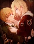  absurdres annie_leonhardt armin_arlert blonde_hair blue_eyes blush brick_wall clothes_pull commentary_request dripping emblem highres hood hoodie indoors jewelry looking_at_another medium_hair on_lap paradis_military_uniform pocket purple_eyes ring sayo_nara_drawing shingeki_no_kyojin short_hair straddling surprised survey_corps_(emblem) suspenders unicorn uniform wet white_hoodie 