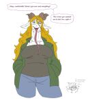  anthro blonde_hair bovid caprine english_text female fur goat grindavikbydaylight hair hand_in_pocket hi_res horn hypnosis long_tongue looking_at_viewer mammal mind_control pockets solo spiral_eyes text tongue white_body white_fur 