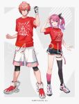  1boy 1girl akagi_wen bandaid bandaid_on_knee bandaid_on_leg black_shorts blue_eyes clenched_hands eihi full_body gloves gradient_hair kuramochi_meruto long_hair multicolored_hair nijisanji official_art one_eye_closed pants pink_hair purple_hair red_shirt sample_watermark shirt shoes shorts side_ponytail single_glove single_thighhigh sneakers t-shirt thighhighs watermark white_pants 