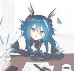  1girl 1other aqua_hair braid coffee_mug commandant_(punishing:_gray_raven) cup desk detached_collar fins french_braid hair_between_eyes head_fins highres holding holding_pen lamia_(punishing:_gray_raven) long_hair looking_at_viewer mechanical_arms mermaid monster_girl mug myam_(123ab456c) paper parted_lips pen punishing:_gray_raven purple_eyes purple_lips ringed_eyes shell_hair_ornament sidelocks 