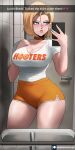  1girl absurdres android_18 bathroom blonde_hair blue_eyes blue_nails blush breasts cellphone choker cleavage dragon_ball dragon_ball_(object) dragon_ball_z echo_saber highres holding holding_phone hooters large_breasts lips mirror nail_polish orange_shorts parted_lips phone red_choker reflection selfie shirt short_shorts shorts smartphone snapchat solo standing white_shirt 